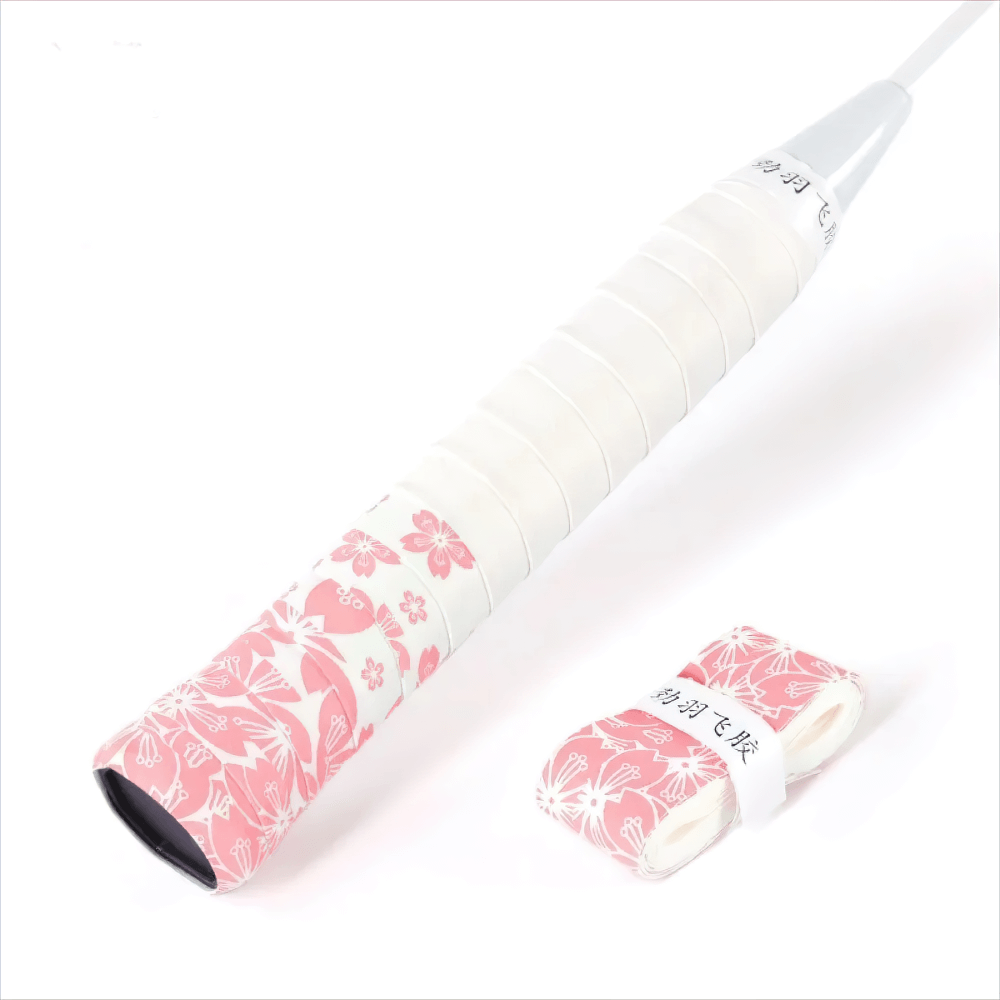 Sakura Print Non-Slip Badminton Grip Tape - SF3462 on badminton racket showcasing floral design and non-slip features.
